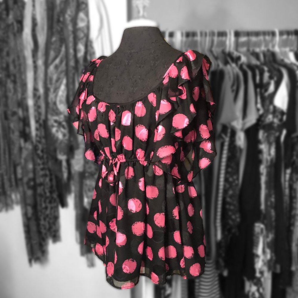 Allen B Black and Pink Polka Dot Baby Doll Blouse
